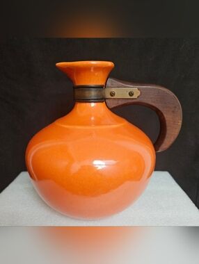 Vintage MCM Bauer Pottery Coffee Carafe w/Wood Handle 8” Orange